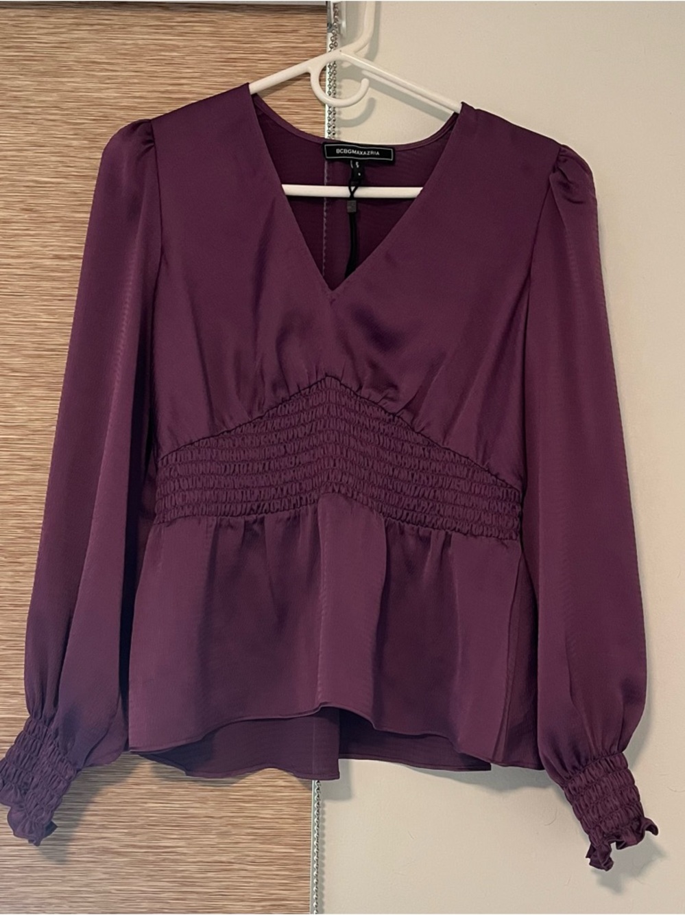 BCBGMaxAzria Plum V-Neck Smocked-Waist Long Sleeve Blouse